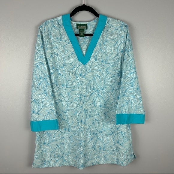 L.L. Bean Tropical Beach Nylon Blend Tunic Hooded Top Large Blue - Picture 2 of 13
